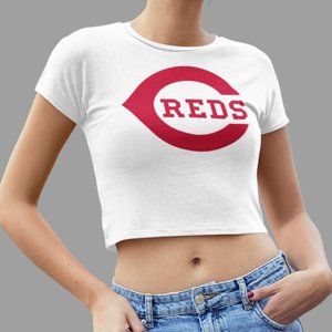 NEW Cincinnati Reds C Spellout Team Color Pop Form Fit Crop Top Shirt WHITE